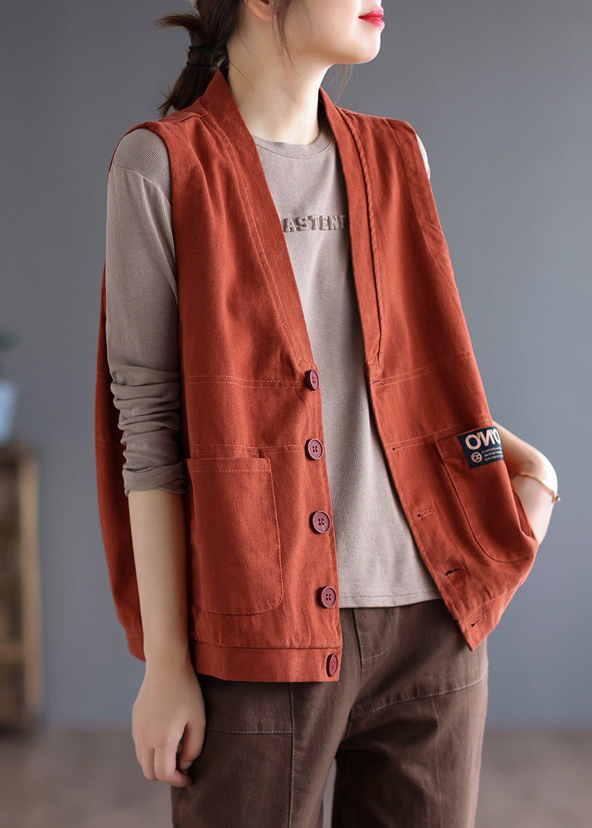 Loose Orange V Neck Button Pockets Cotton Waistcoat Sleeveless