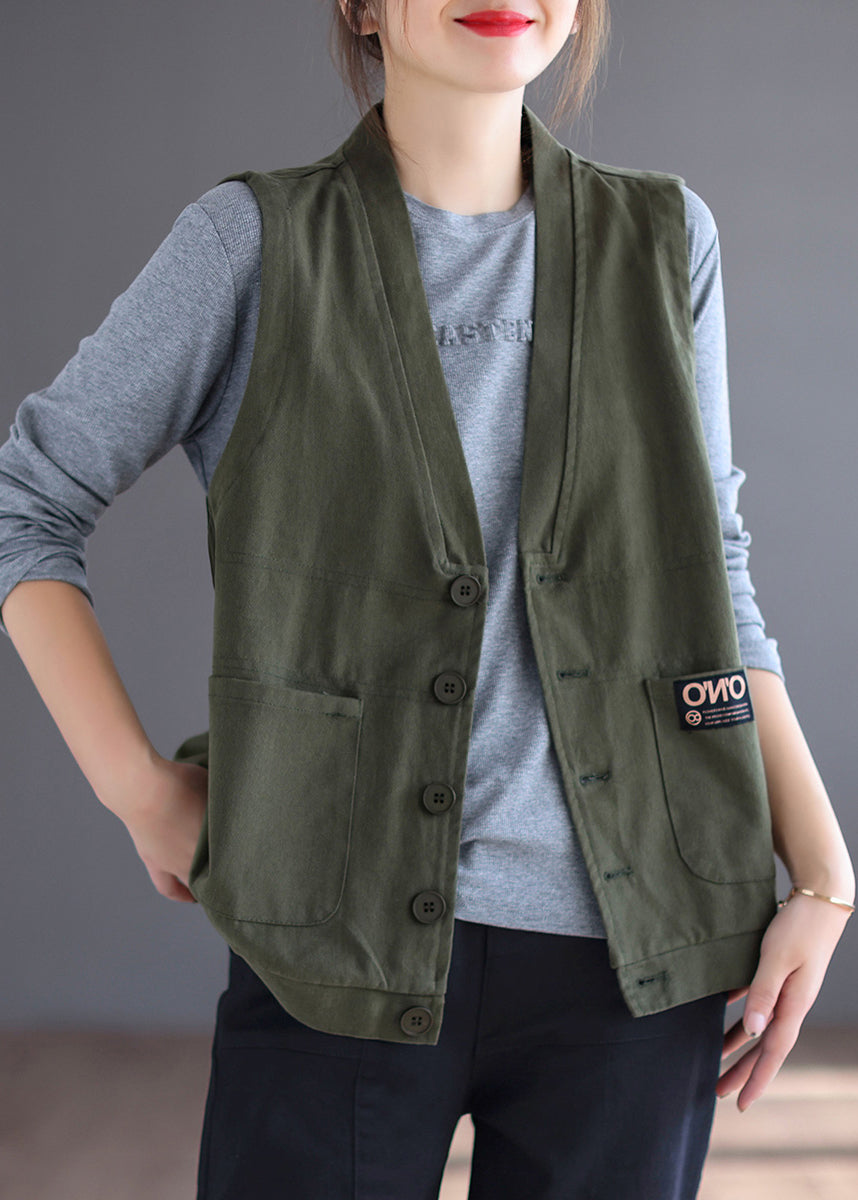 Loose Orange V Neck Button Pockets Cotton Waistcoat Sleeveless
