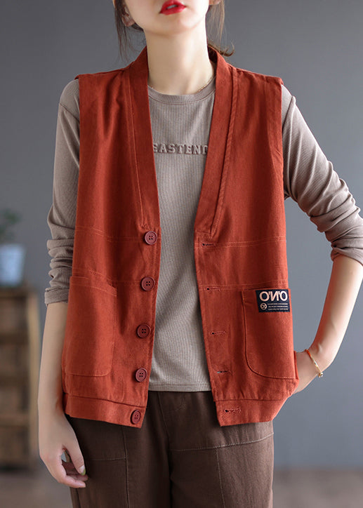 Loose Orange V Neck Button Pockets Cotton Waistcoat Sleeveless