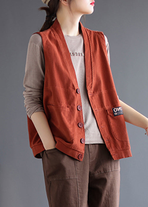 Loose Orange V Neck Button Pockets Cotton Waistcoat Sleeveless