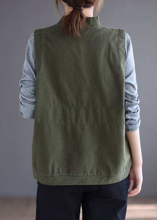 Loose Orange V Neck Button Pockets Cotton Waistcoat Sleeveless