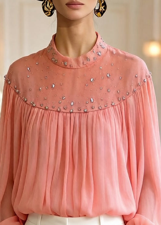 Loose Orange Zircon Wrinkled Tulle Blouses Top Lantern Sleeve - Omychic