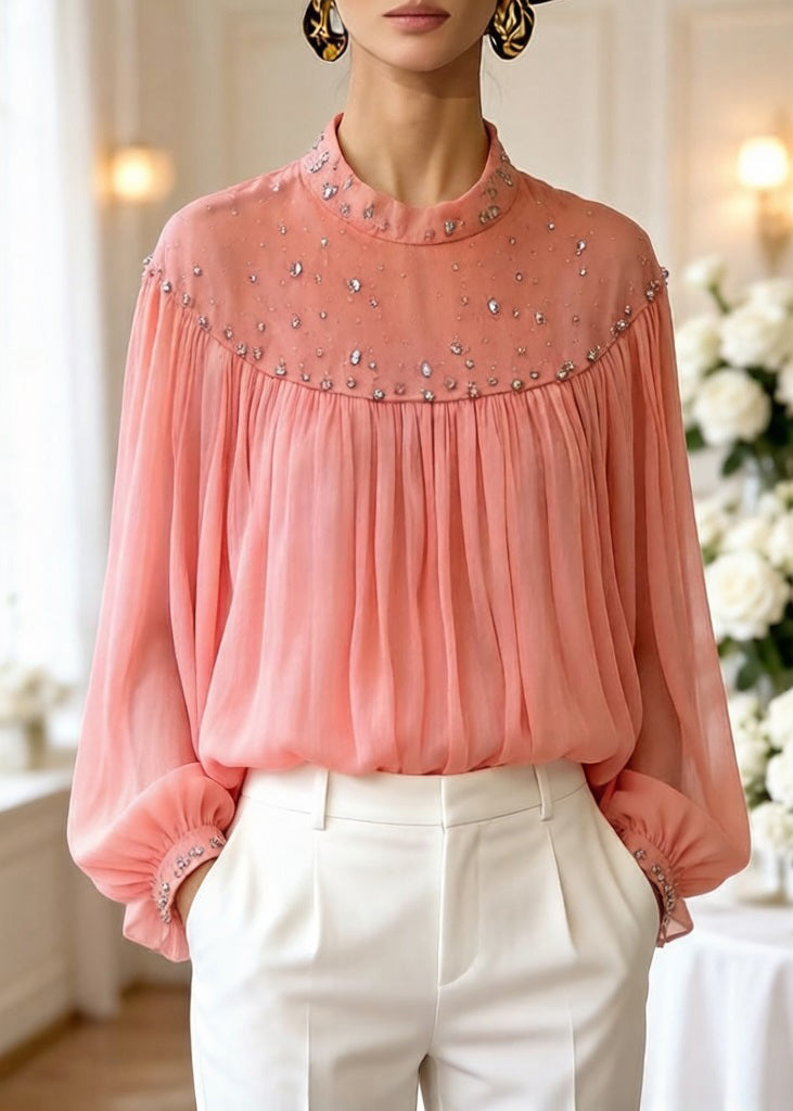 Loose Orange Zircon Wrinkled Tulle Blouses Top Lantern Sleeve - Omychic