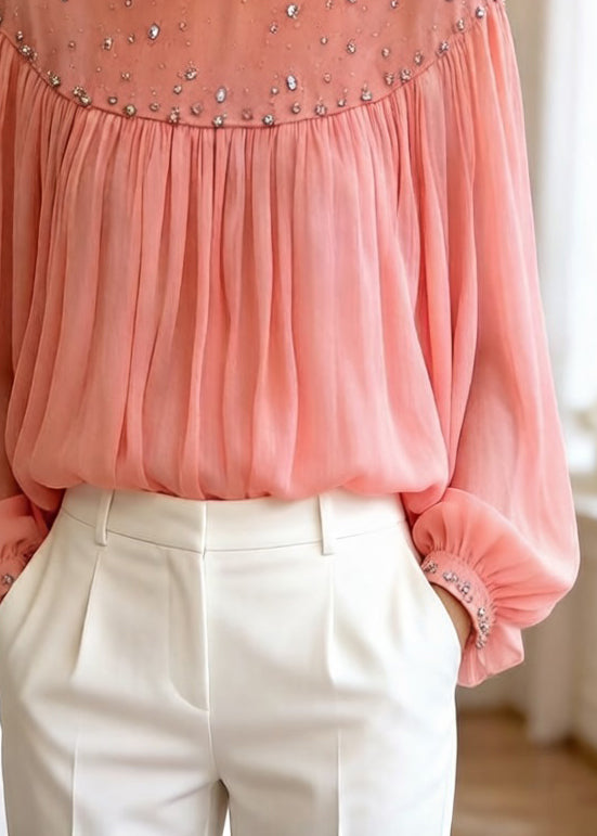 Loose Orange Zircon Wrinkled Tulle Blouses Top Lantern Sleeve - Omychic