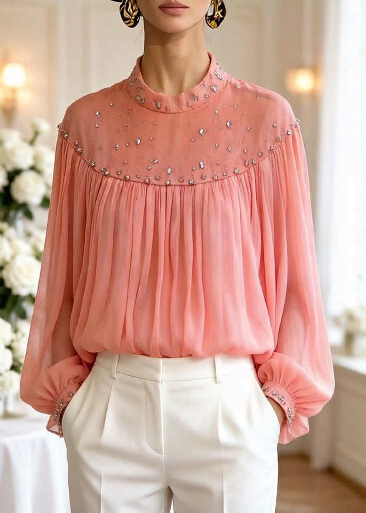 Loose Orange Zircon Wrinkled Tulle Blouses Top Lantern Sleeve - Omychic