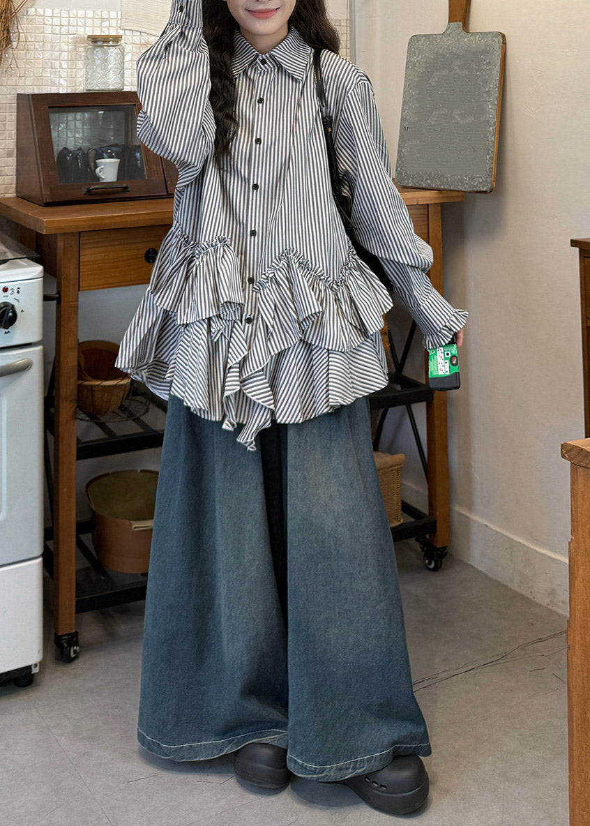 Loose Peter Pan Collar Asymmetrical Striped Shirts And Jeans Two Pieces Set Long Sleeve