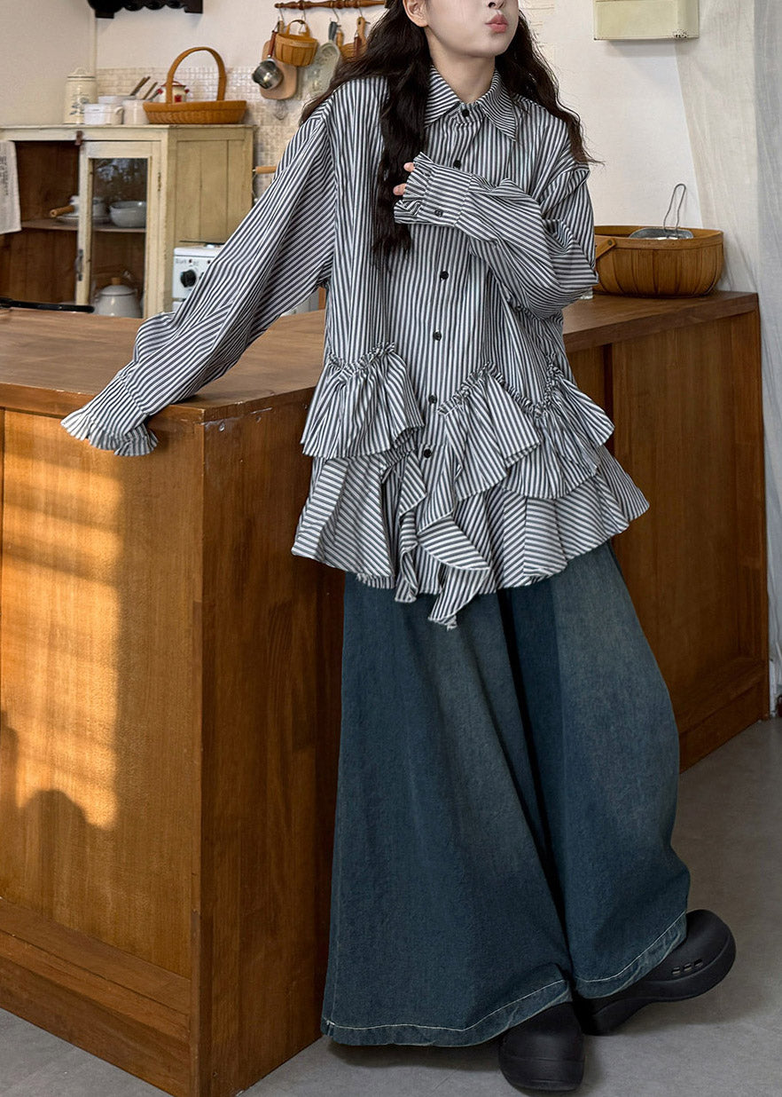 Loose Peter Pan Collar Asymmetrical Striped Shirts And Jeans Two Pieces Set Long Sleeve