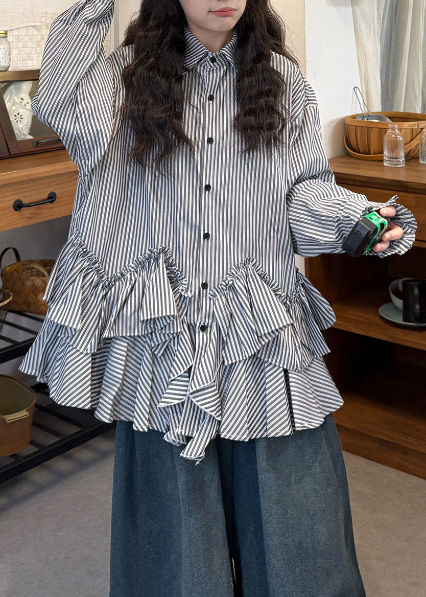 Loose Peter Pan Collar Asymmetrical Striped Shirts And Jeans Two Pieces Set Long Sleeve