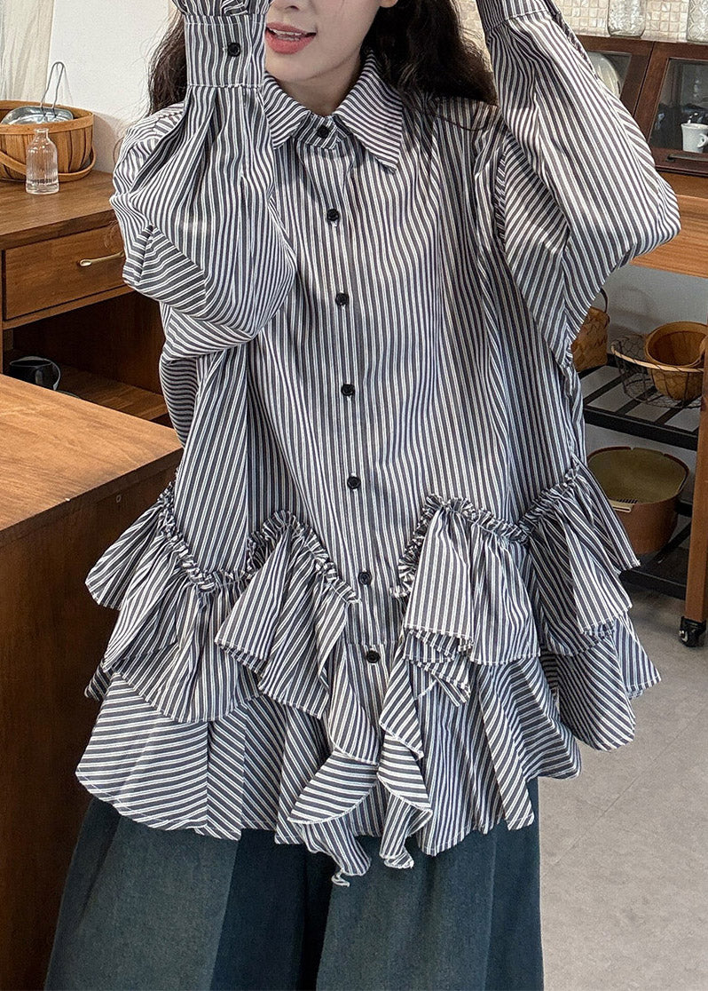 Loose Peter Pan Collar Asymmetrical Striped Shirts And Jeans Two Pieces Set Long Sleeve