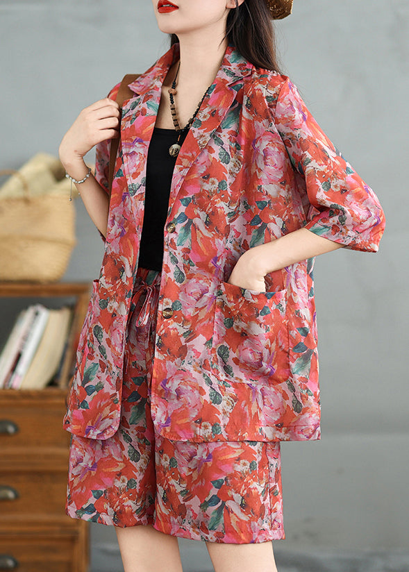 Loose Peter Pan Collar Print Coat And Shorts Cotton Two Pieces Set Summer