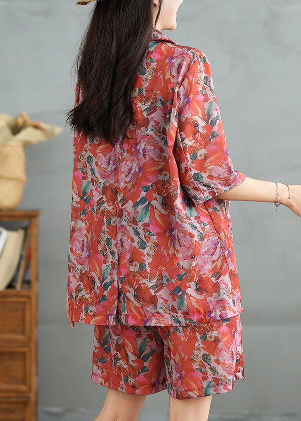 Loose Peter Pan Collar Print Coat And Shorts Cotton Two Pieces Set Summer