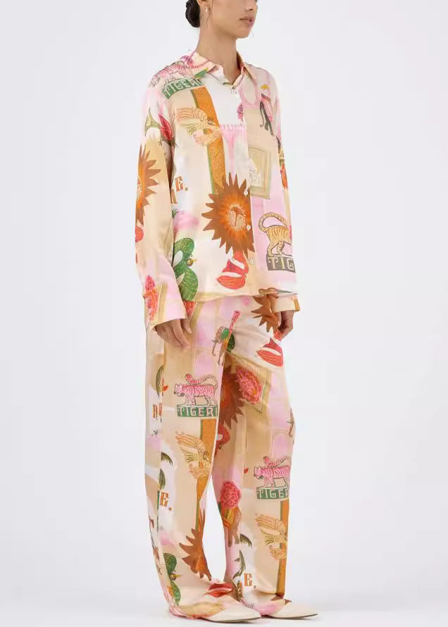 Loose Peter Pan Collar Print Shirts And Pants Cotton Two Pieces Set Spring