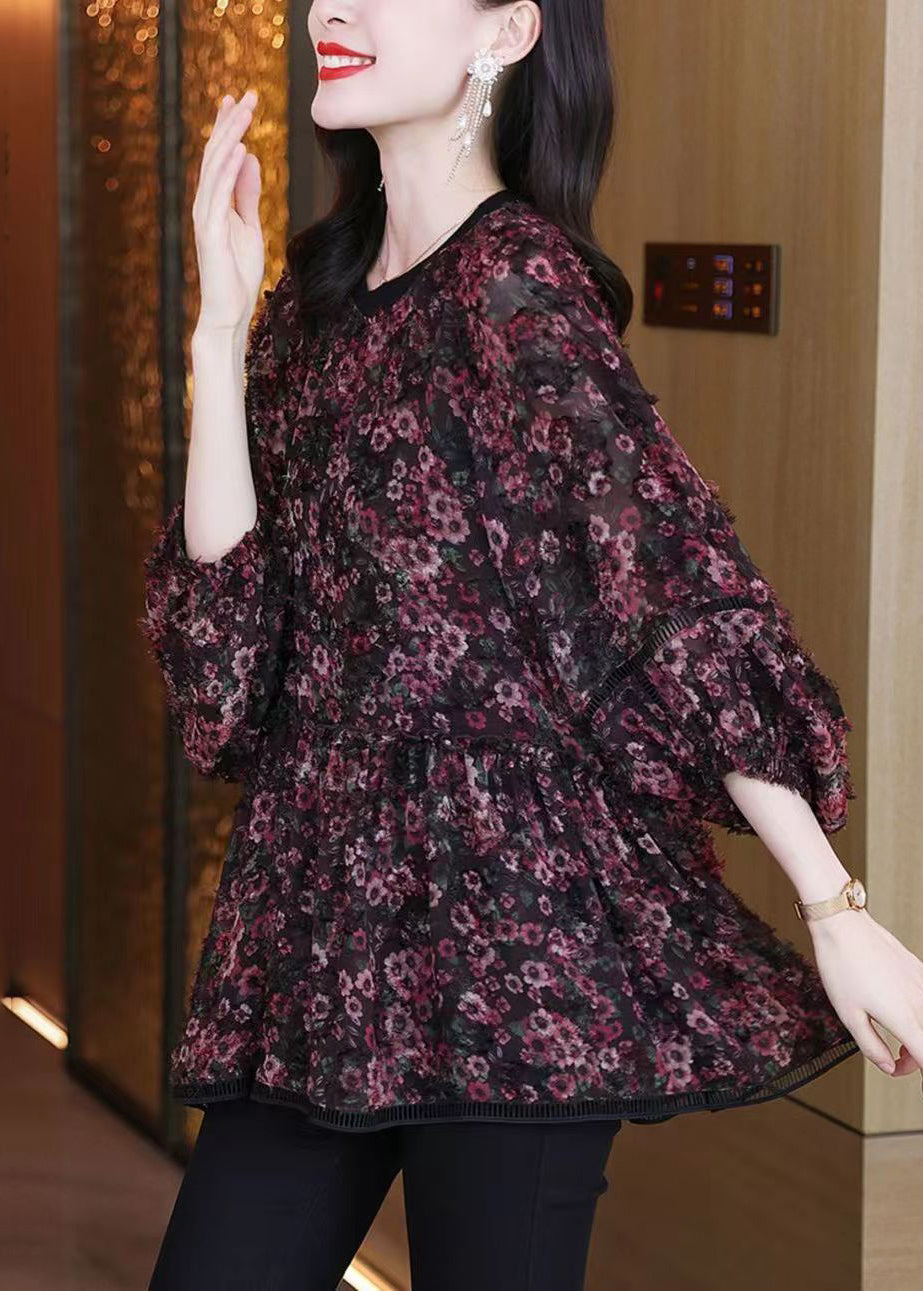 Loose Photo Color O Neck Print Chiffon Shirt Spring