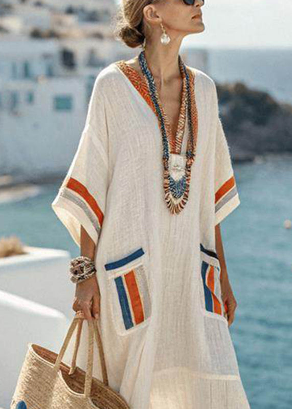 Loose Picture 1 Pockets Patchwork Ankle Dress Short Sleeve