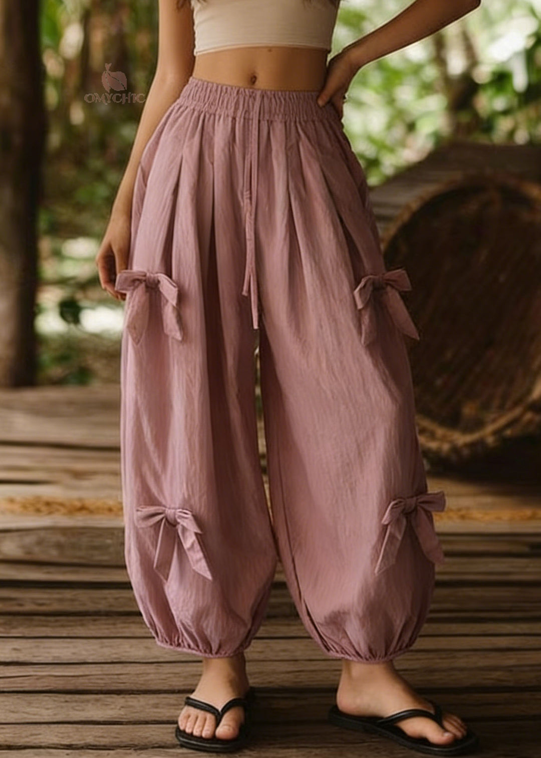 Loose Pink Bow Elastic Waist Cotton Lantern Pants Summer