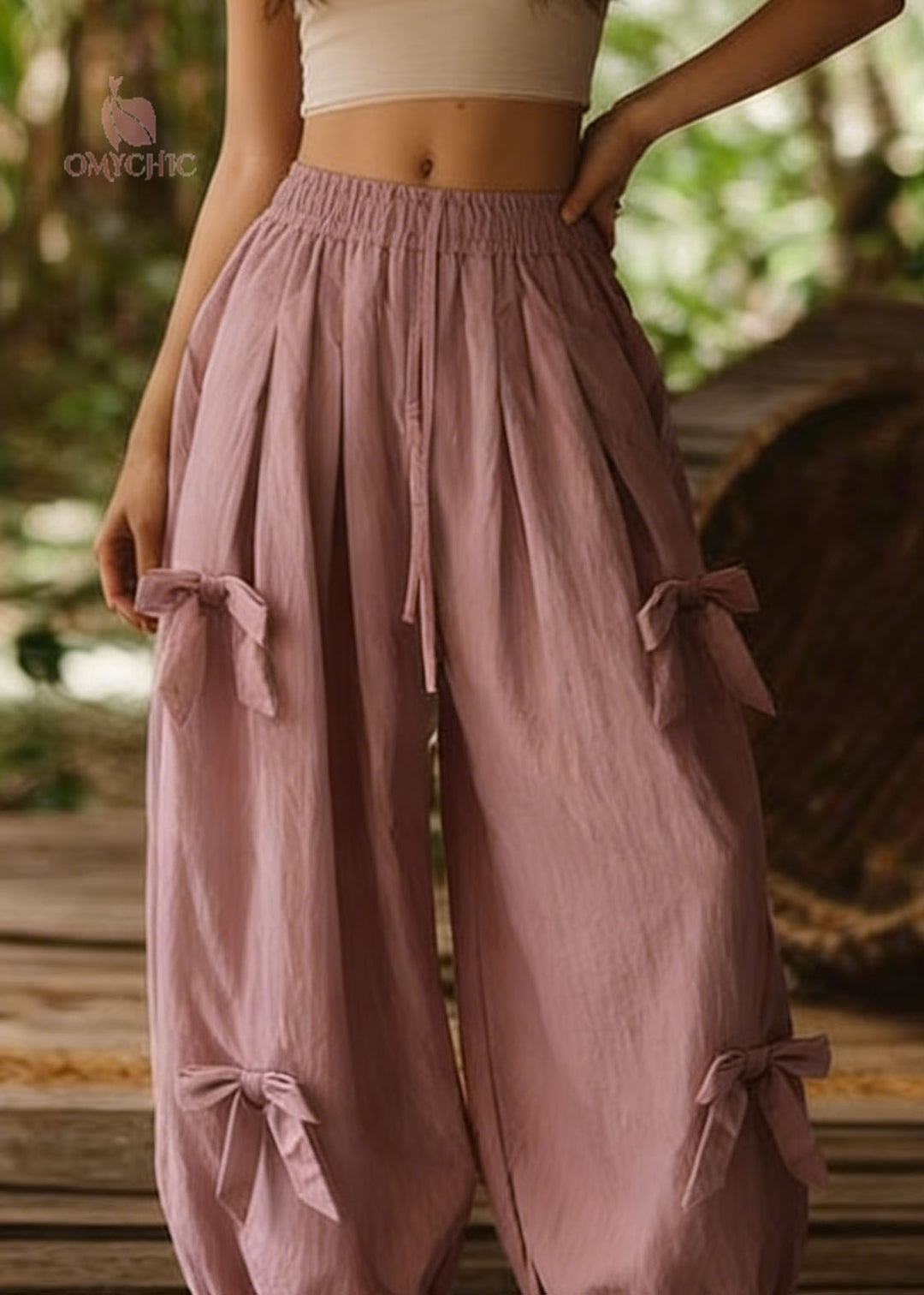 Loose Pink Bow Elastic Waist Cotton Lantern Pants Summer