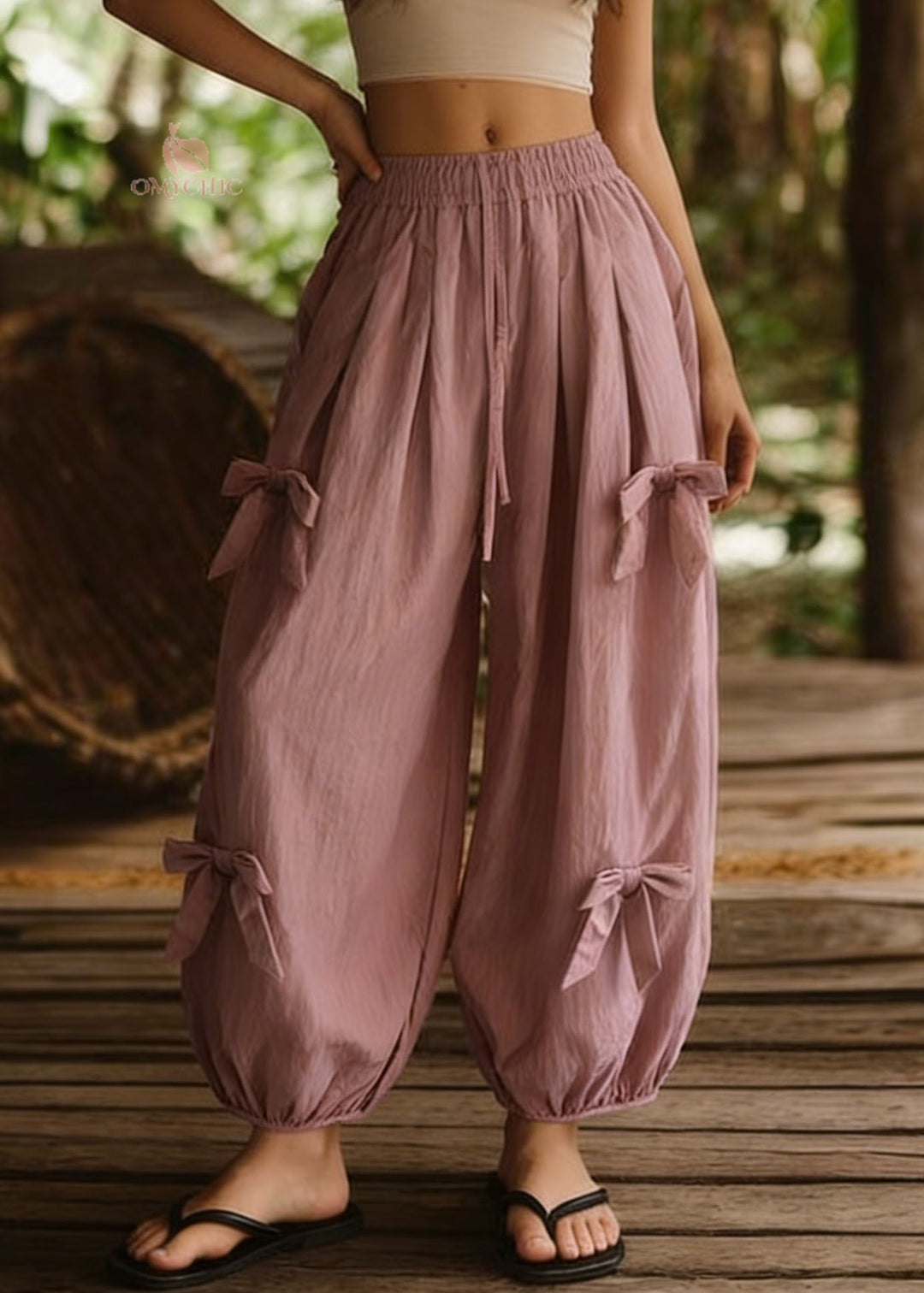 Loose Pink Bow Elastic Waist Cotton Lantern Pants Summer