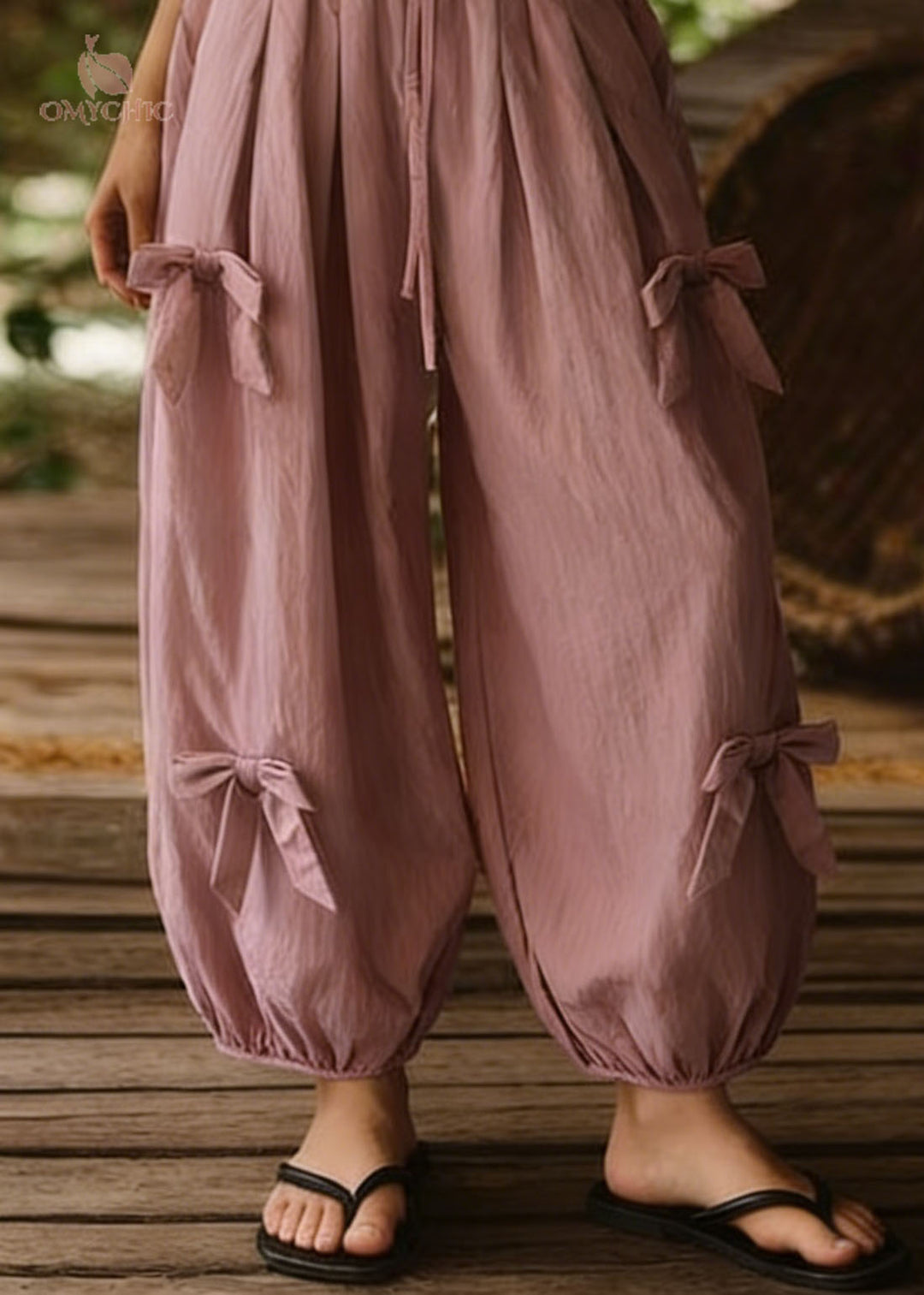 Loose Pink Bow Elastic Waist Cotton Lantern Pants Summer