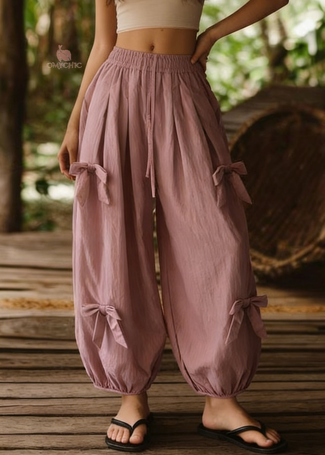 Loose Pink Bow Elastic Waist Cotton Lantern Pants Summer