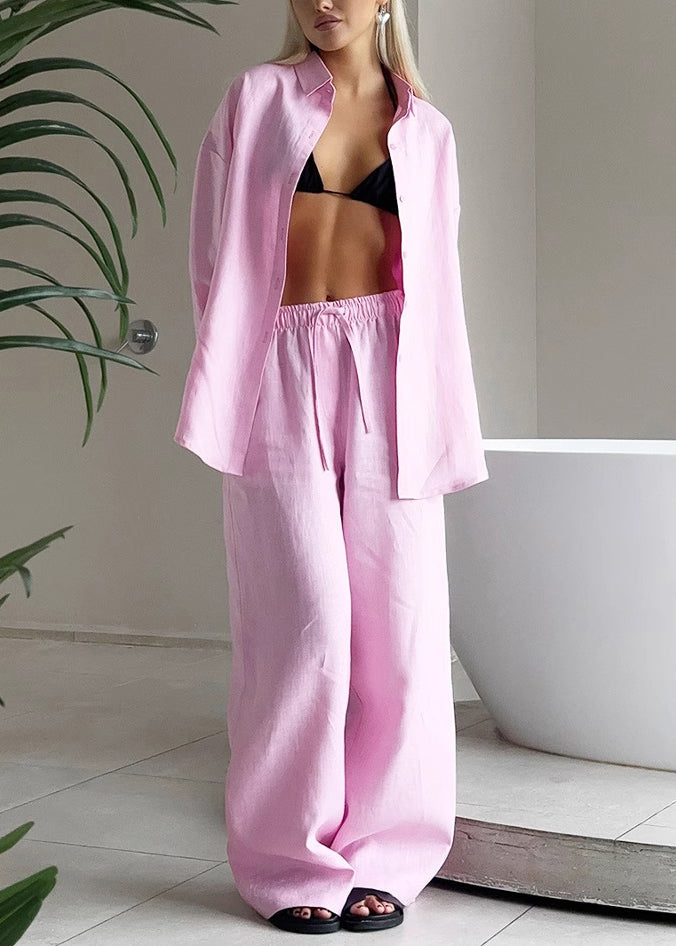 Loose Pink Button Shirts And Pants Cotton Two Pieces Set Fall