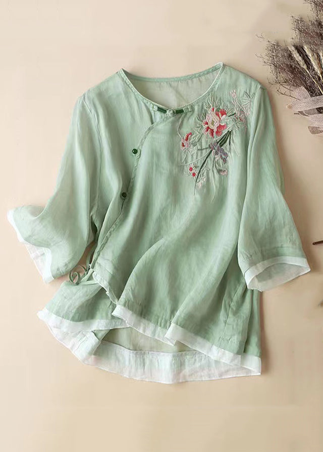 Loose Pink Embroidered Button Patchwork Cotton Shirts Spring