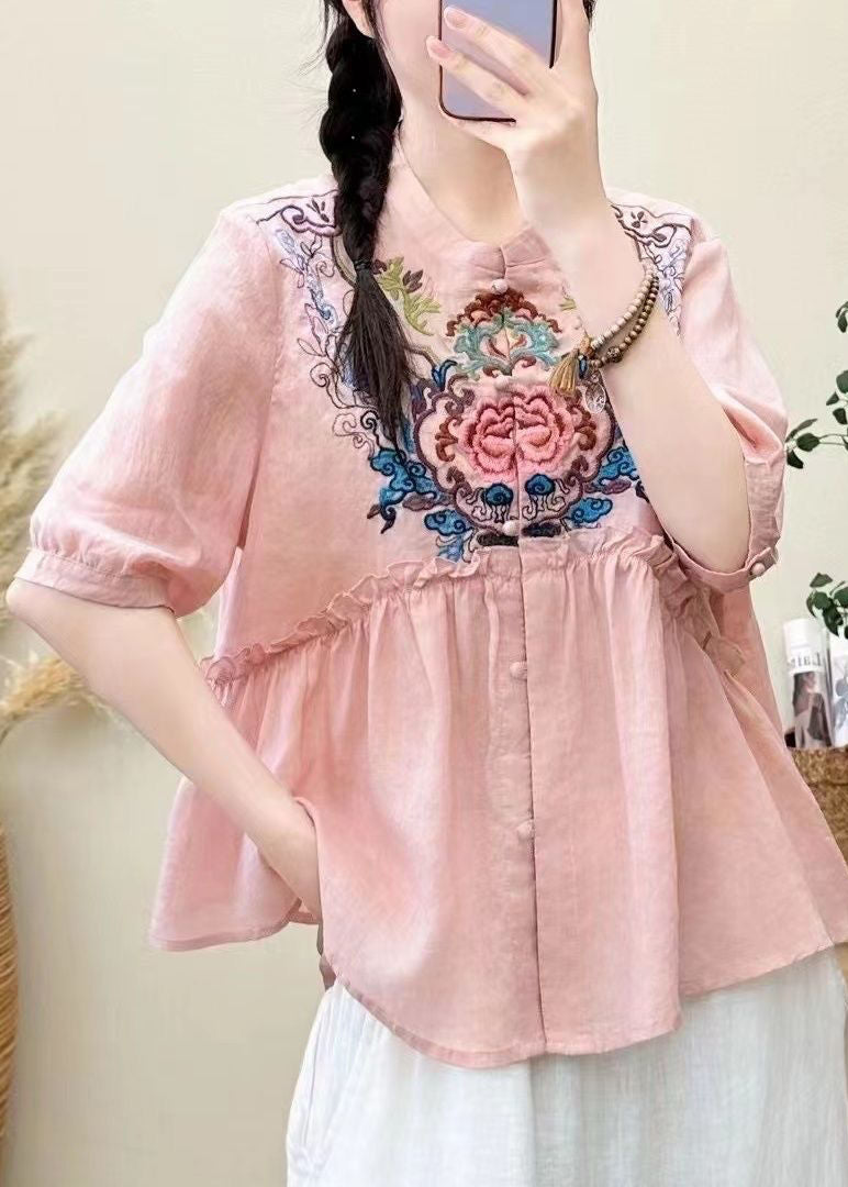Loose Pink Embroidered Ruffled Linen Shirt Summer