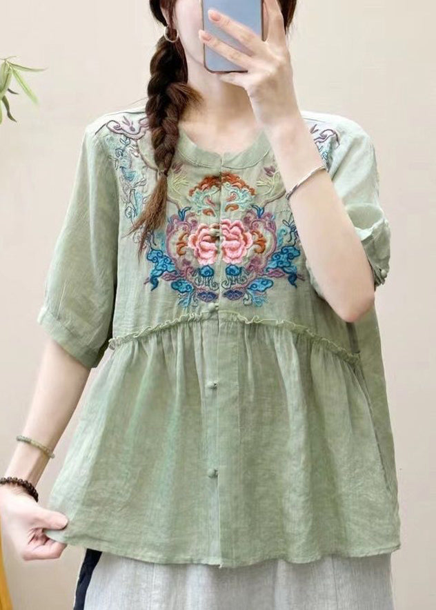 Loose Pink Embroidered Ruffled Linen Shirt Summer