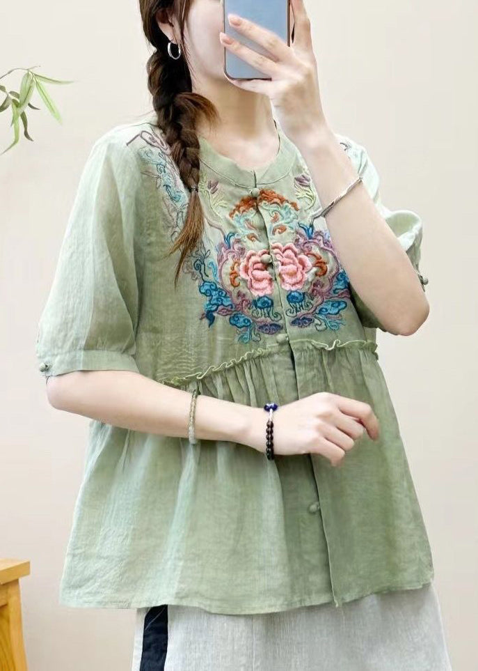 Loose Pink Embroidered Ruffled Linen Shirt Summer