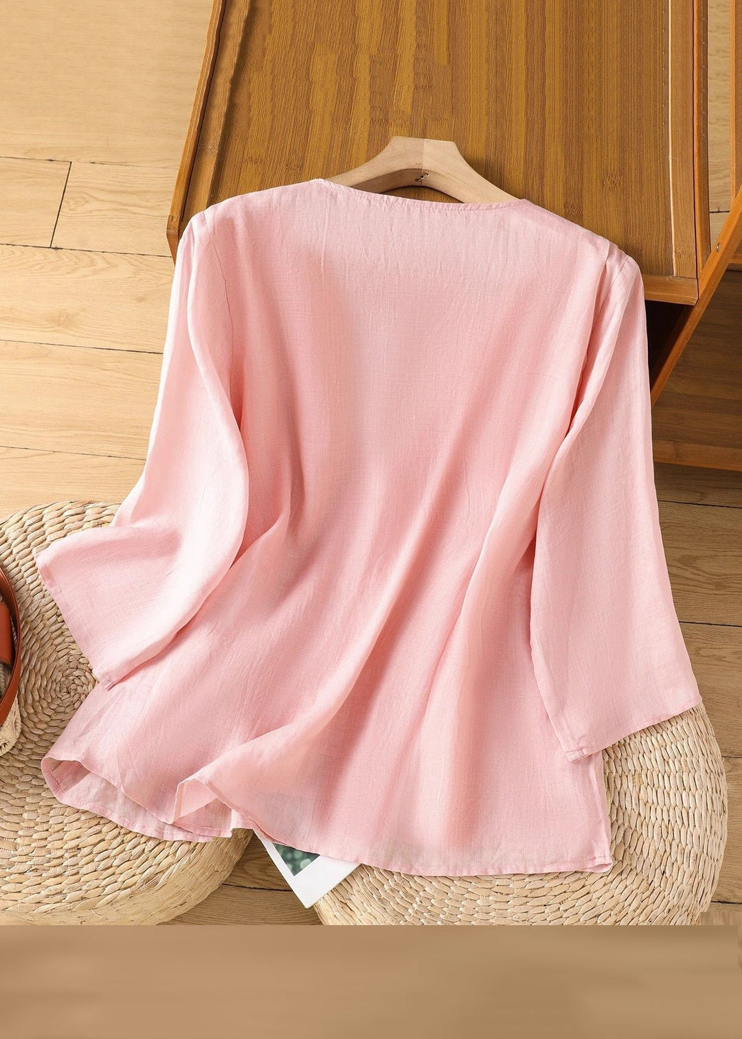 Loose Pink Embroidered Solid Linen T Shirt Bracelet Sleeve