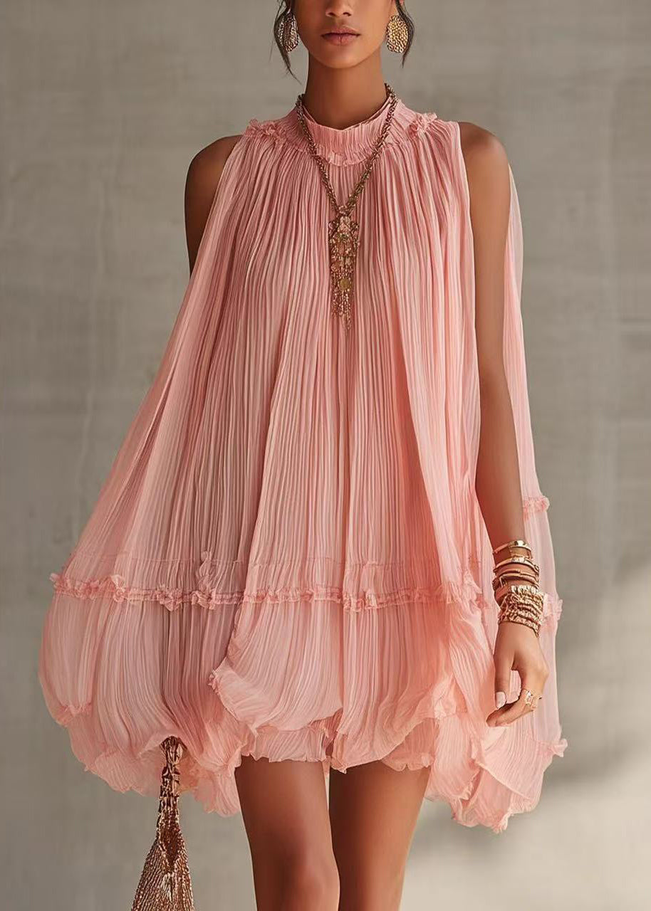 Loose Pink Halter Wrinkled Mini Dress Sleeveless