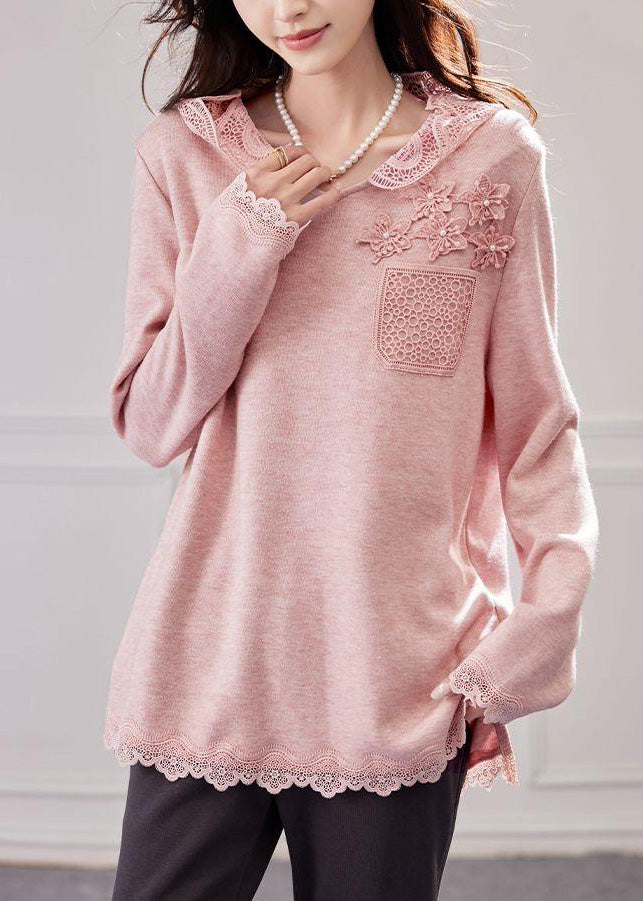 Loose Pink Hooded Lace Patchwork Knit Shirt Tops Spring