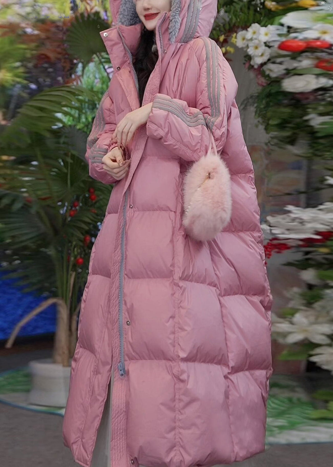 Loose Pink Hooded Zippered Striped Duck Down Puffer Coat Winter
