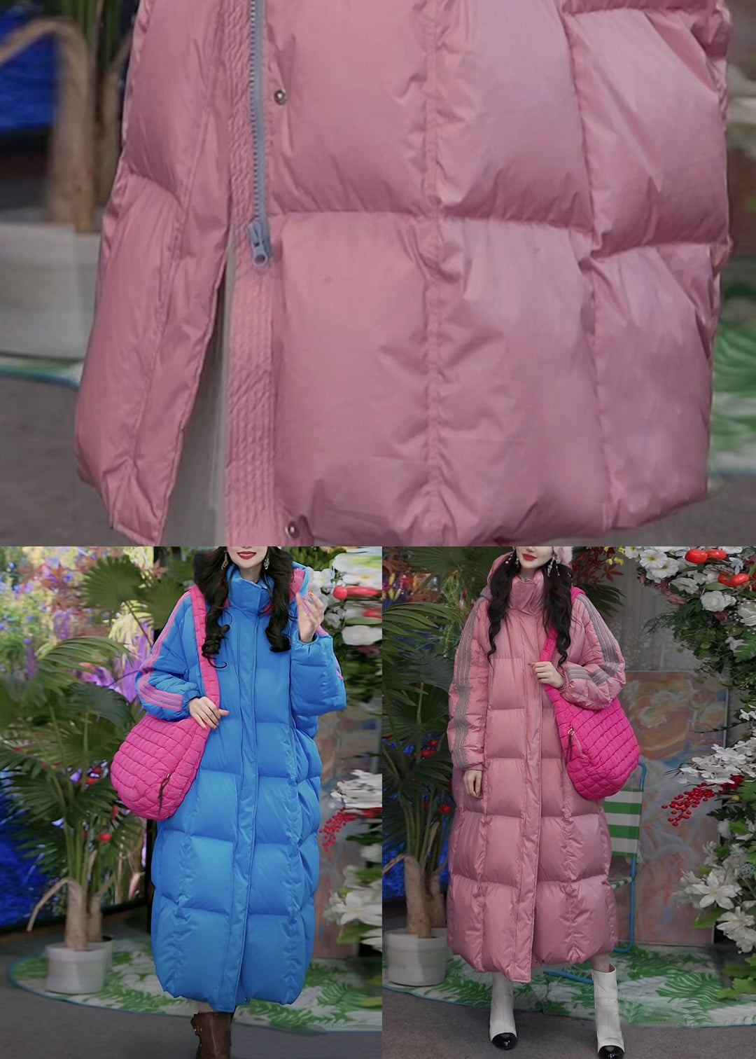 Loose Pink Hooded Zippered Striped Duck Down Puffer Coat Winter
