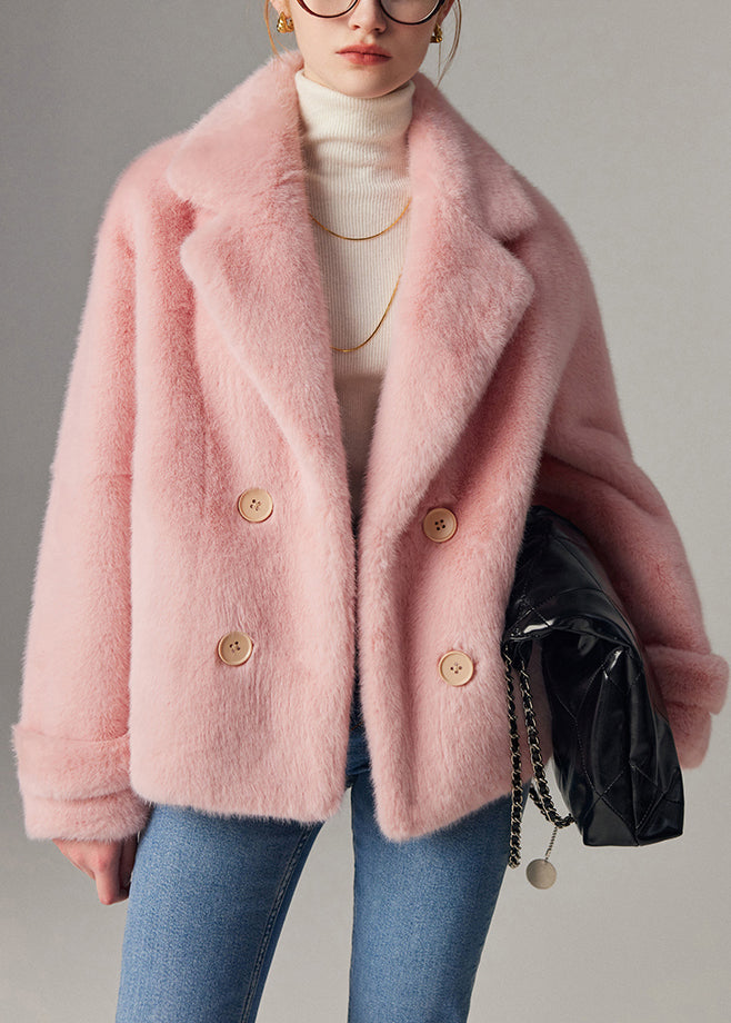 Loose Pink Notched Double Breast Mink Hair Coats Winter