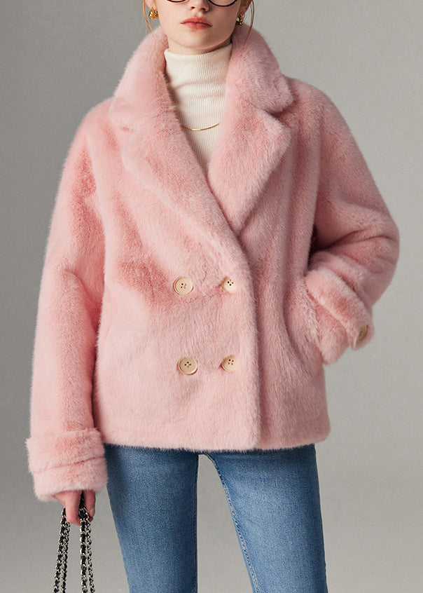 Loose Pink Notched Double Breast Mink Hair Coats Winter