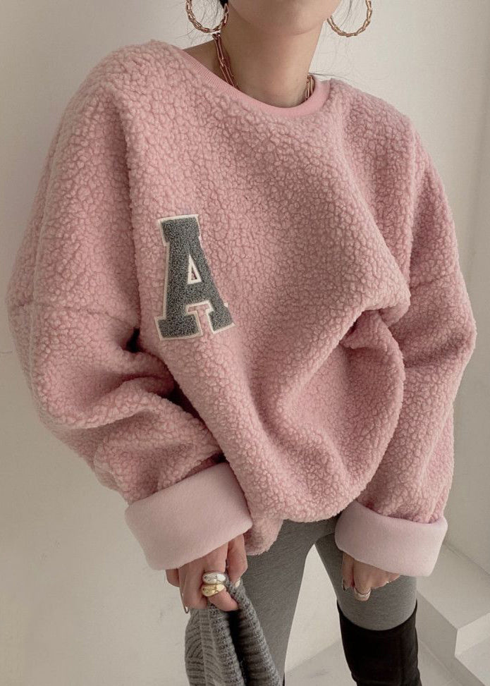 Loose Pink O Neck Letter Teddy Pullover Streetwear Winter