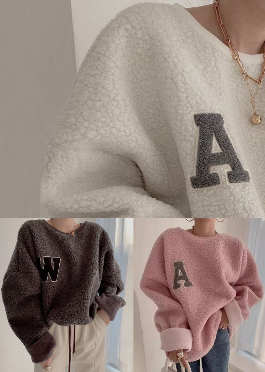 Loose Pink O Neck Letter Teddy Pullover Streetwear Winter