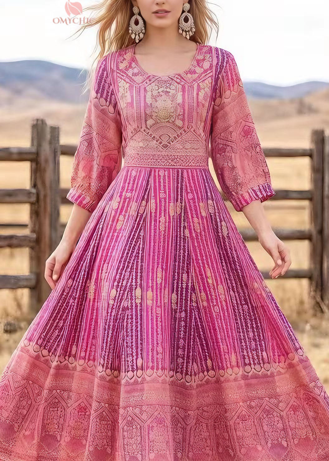 Loose Pink O Neck Print Cotton Maxi Dresses Summer