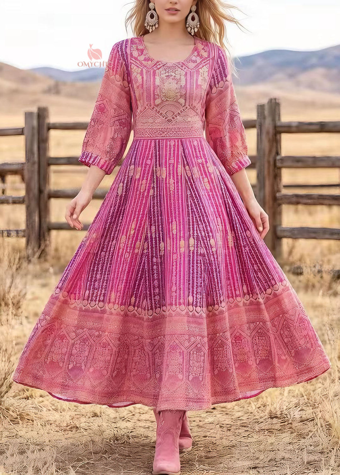 Loose Pink O Neck Print Cotton Maxi Dresses Summer