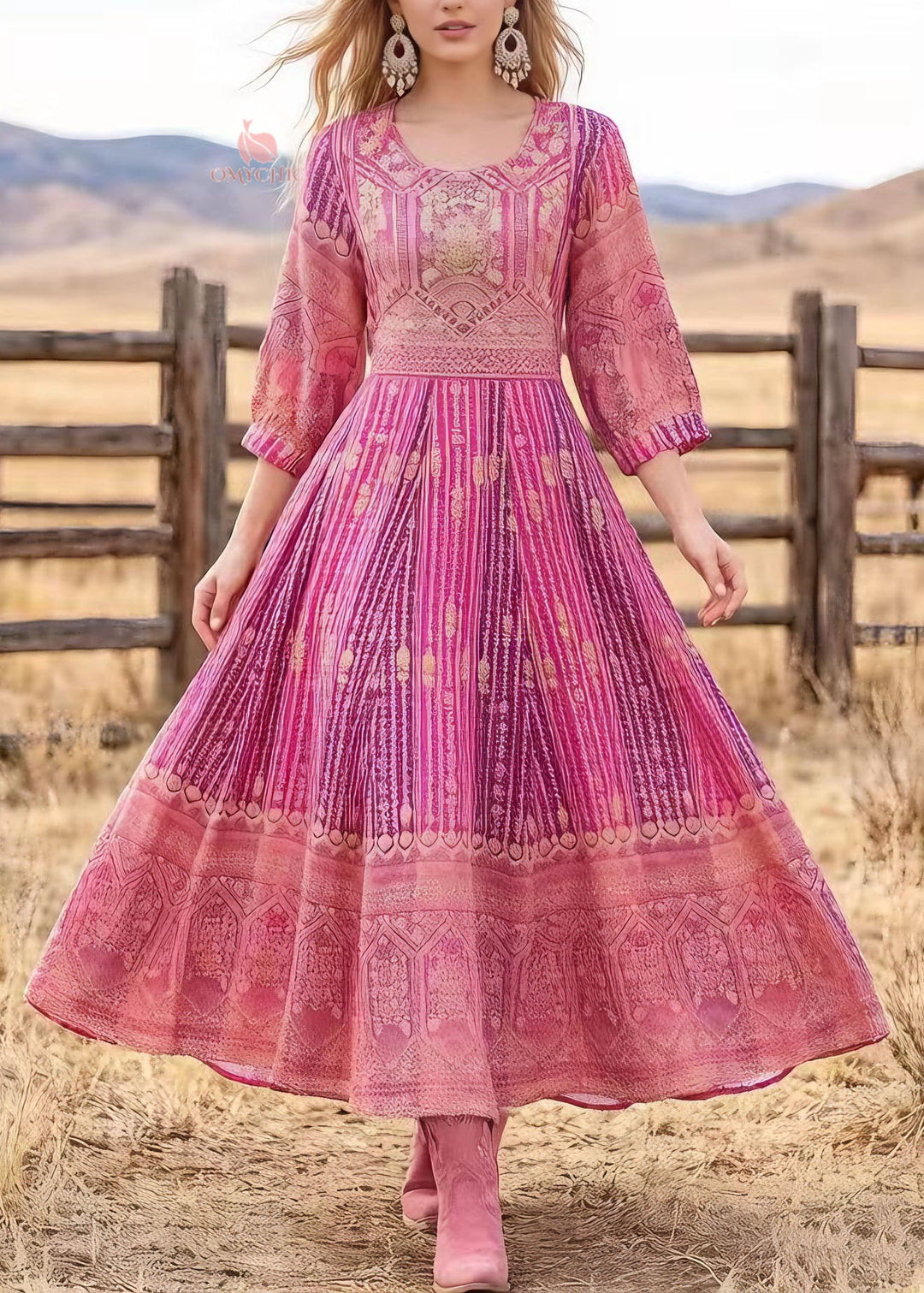 Loose Pink O Neck Print Cotton Maxi Dresses Summer