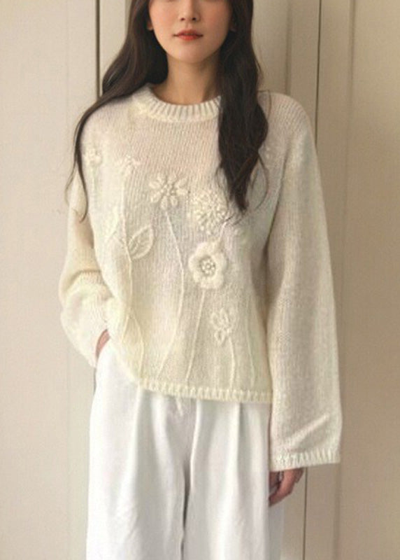 Loose Pink O-Neck Solid Cotton Knit Sweater Fall