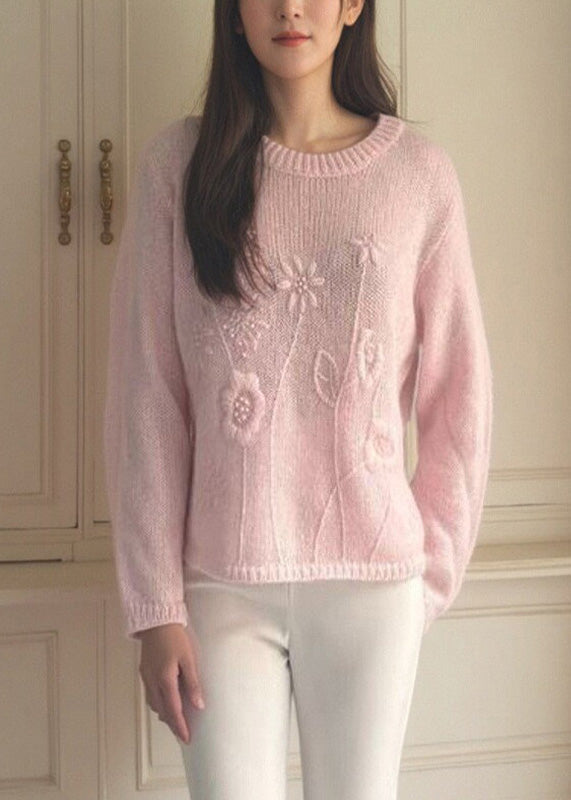 Loose Pink O-Neck Solid Cotton Knit Sweater Fall