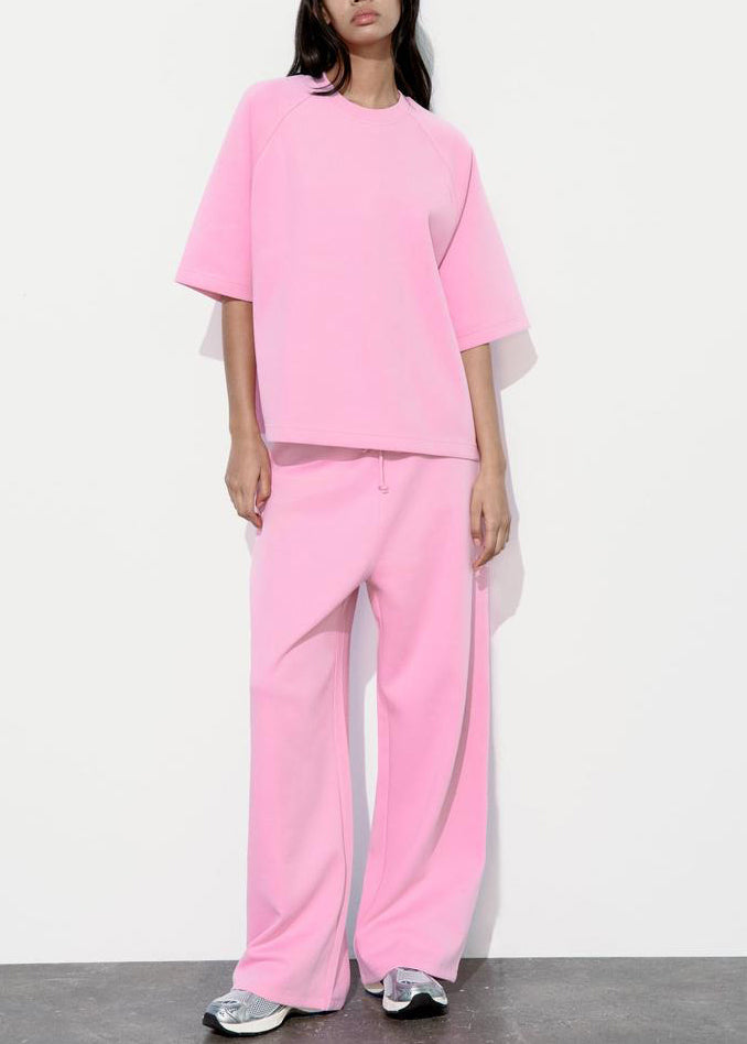 Loose Pink O Neck T Shirt And Pants Cotton Two-Piece Set Summer