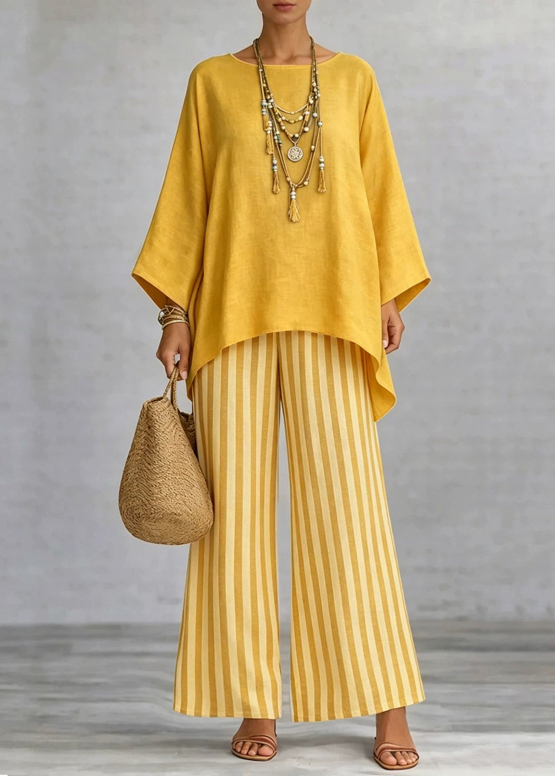 Loose Pink O-Neck Top And Wide Leg Pants Two-Piece Set Fall