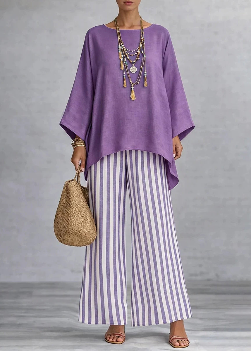 Loose Pink O-Neck Top And Wide Leg Pants Two-Piece Set Fall