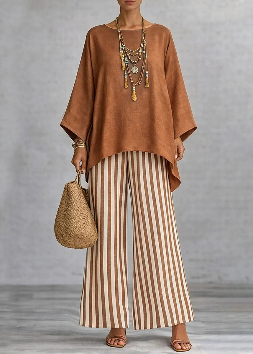 Loose Pink O-Neck Top And Wide Leg Pants Two-Piece Set Fall