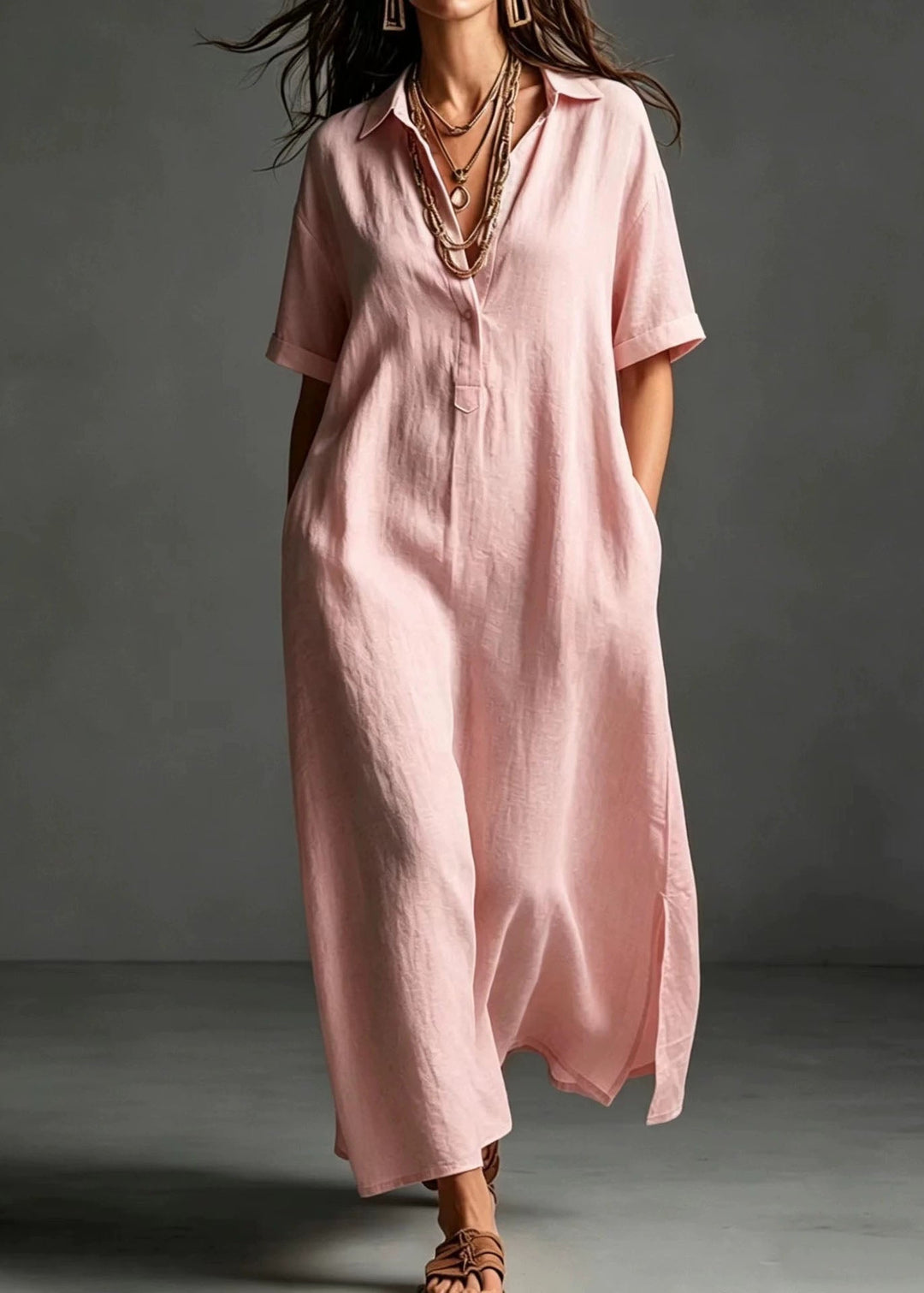 Loose Pink Peter Pan Collar Pockets Cotton Maxi Dresses Summer