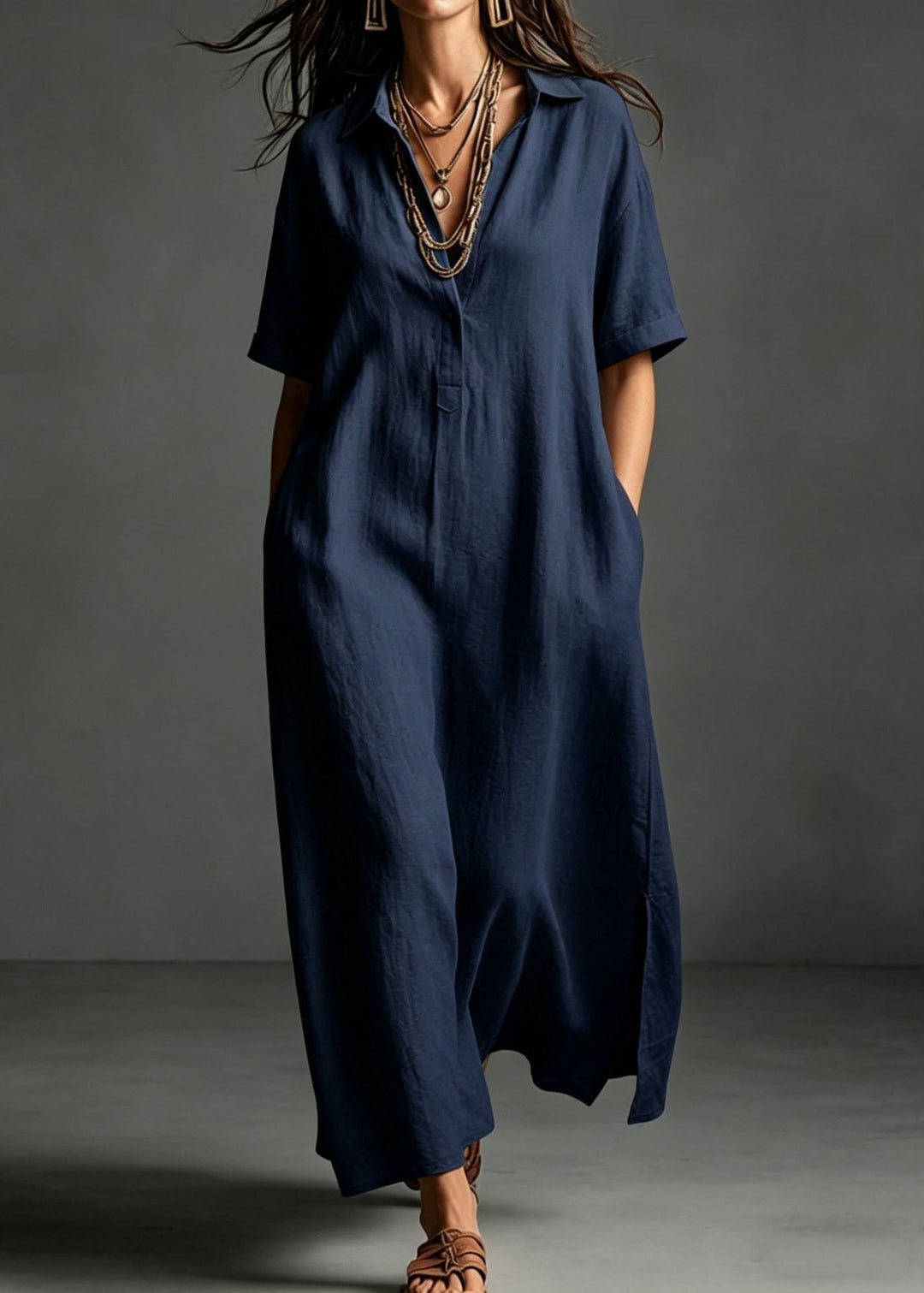 Loose Pink Peter Pan Collar Pockets Cotton Maxi Dresses Summer
