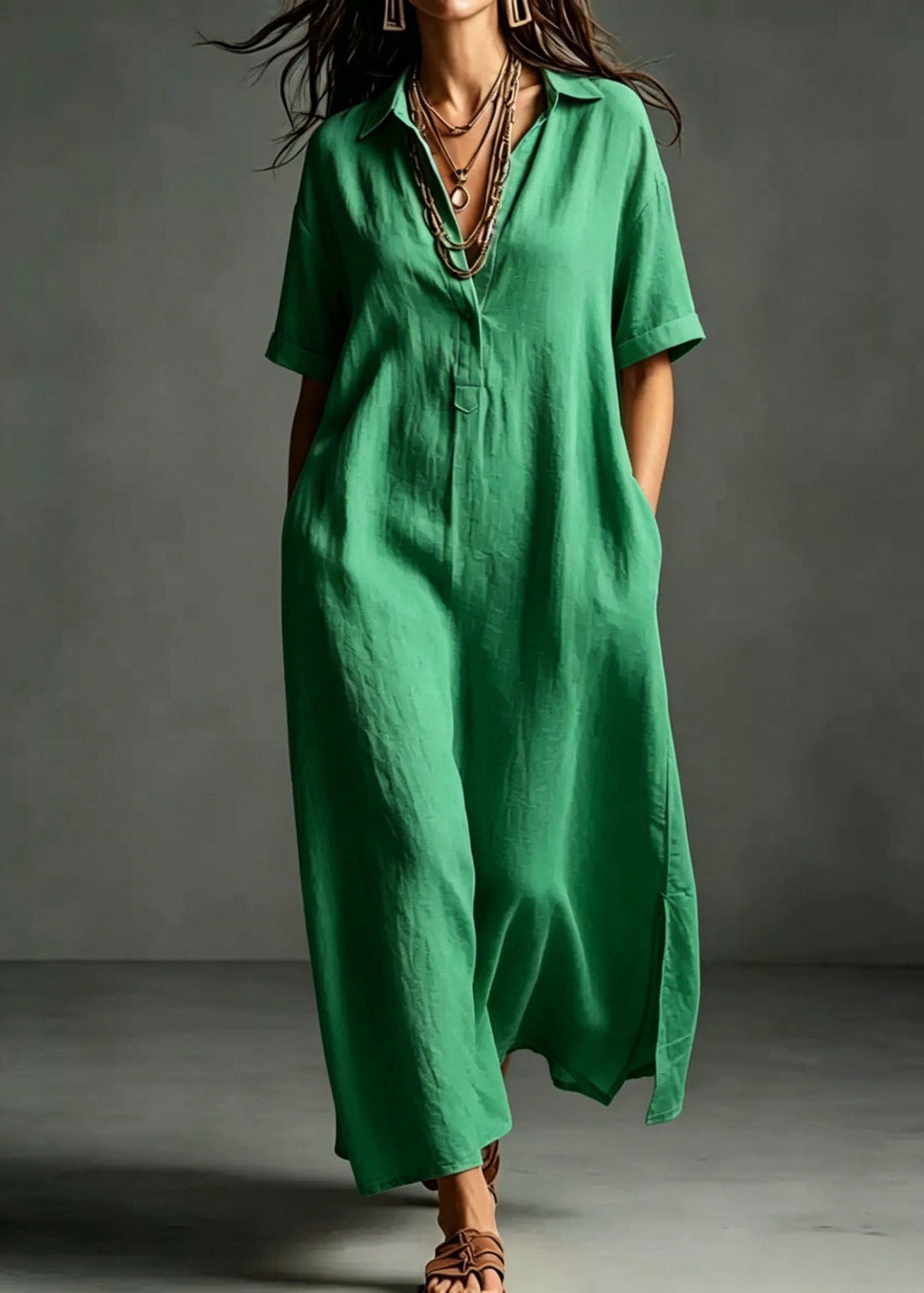 Loose Pink Peter Pan Collar Pockets Cotton Maxi Dresses Summer