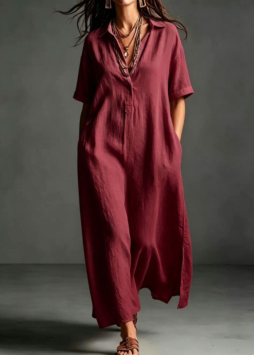 Loose Pink Peter Pan Collar Pockets Cotton Maxi Dresses Summer